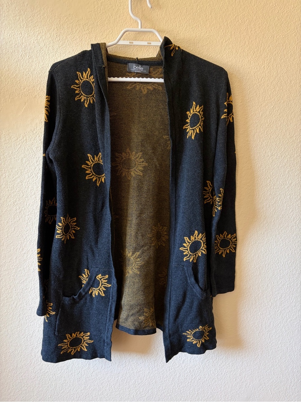 Belle by Bellini Hooded Sun Open Cardigan Black Knit Boho Cozy Sweater pockets - Picture 4 of 10